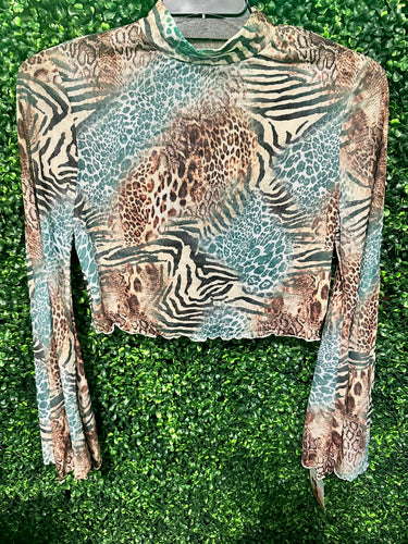Blue Animal Print Mesh Top W/ Bell Sleeves