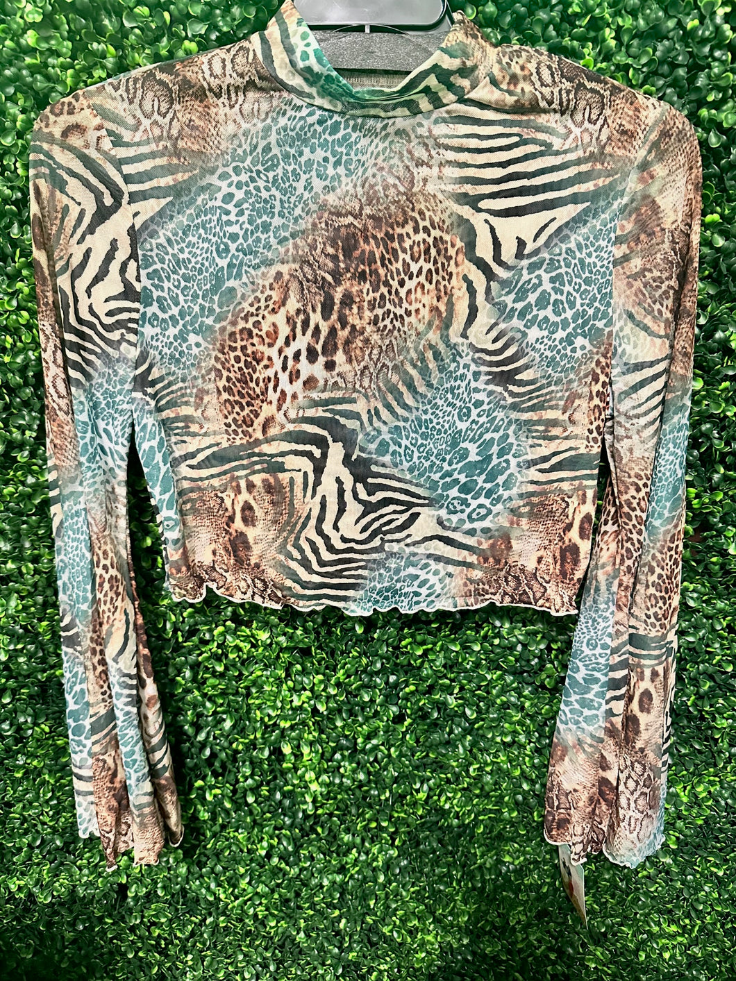 Blue Animal Print Mesh Top W/ Bell Sleeves