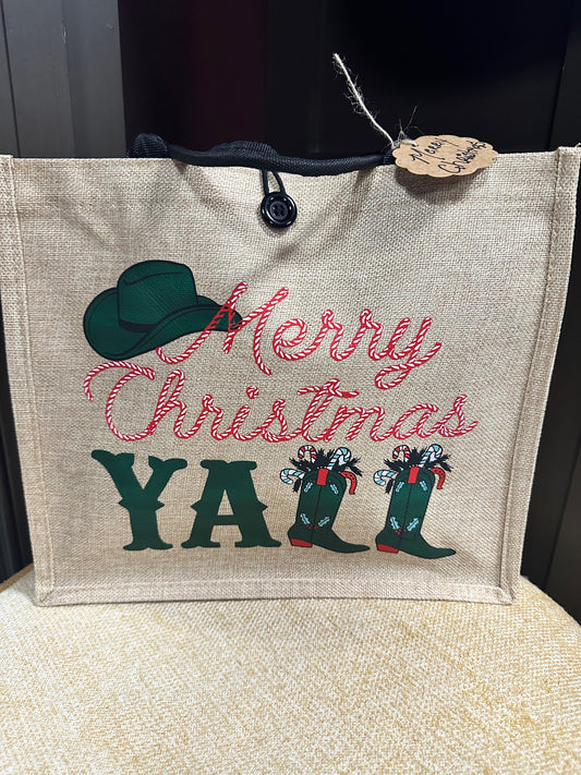 "Merry Christmas Y'all" Cowboy Boot Tote Bag