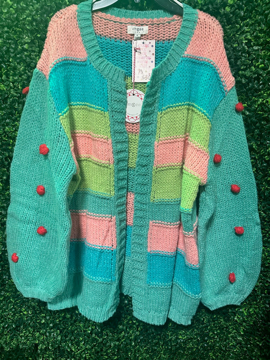 Striped Colorful Open Cardigan W/ Pom-Poms