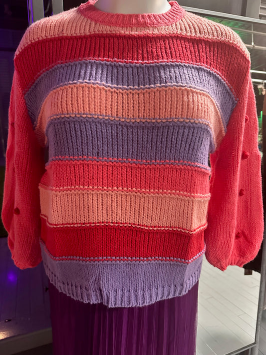 Pink & Purple Pom-Pom Striped Coloblock Sweater