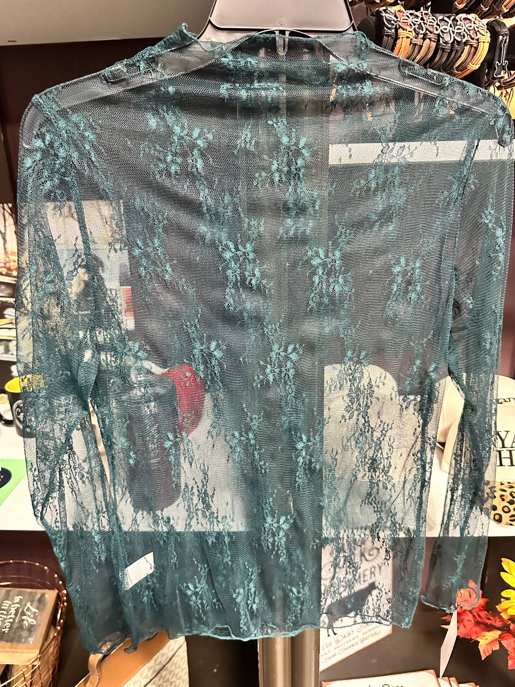 Teal Blue/Green Mesh Lace Overlay Top
