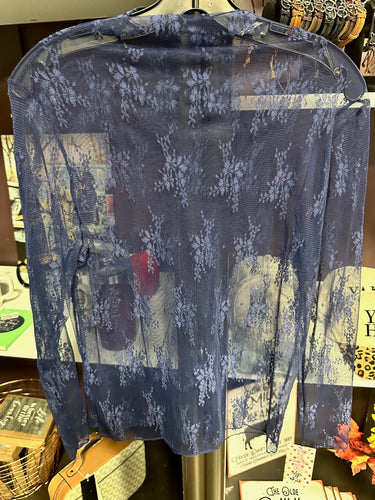 Navy Blue Mesh Lace Overlay Top