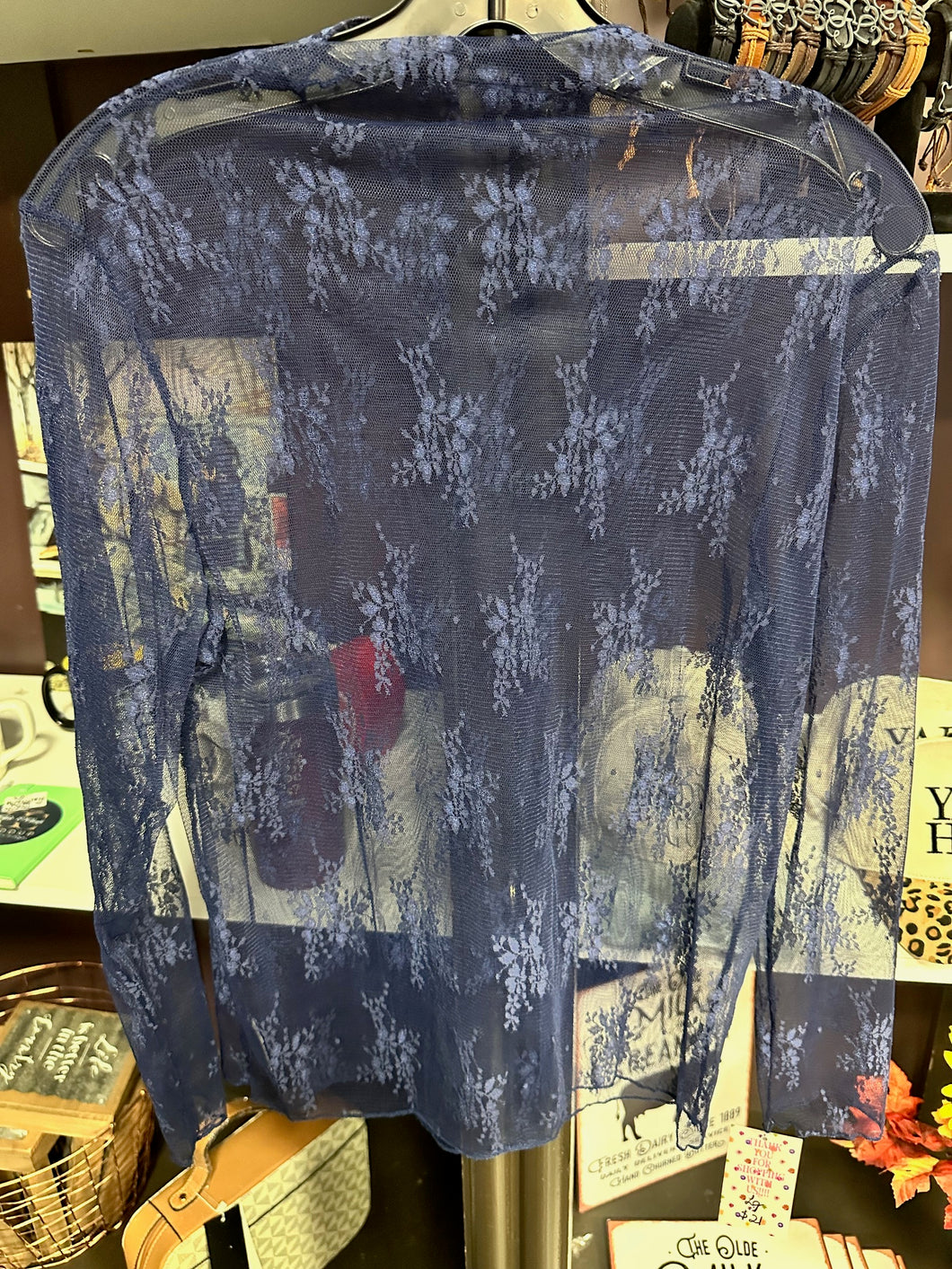 Navy Blue Mesh Lace Overlay Top