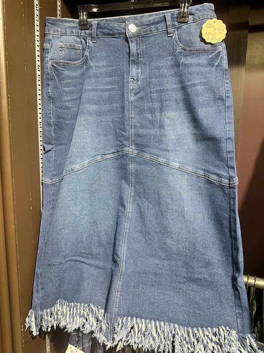 Long Fringe Bottom Denim Skirt