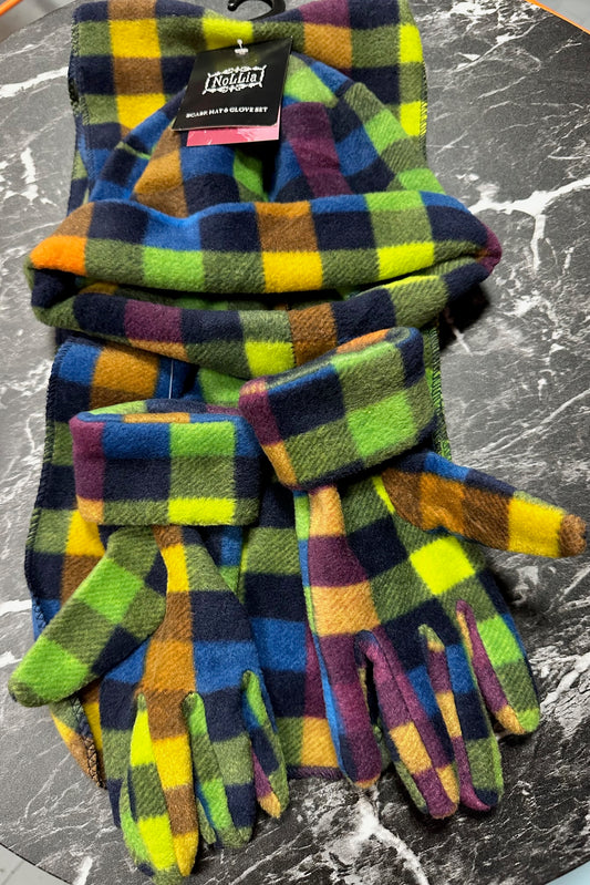 Green & Blue Plaid Hat, Gloves, Scarf Set