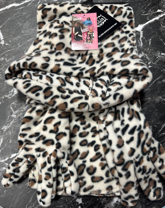 Leopard Print Hat, Gloves, Scarf Set