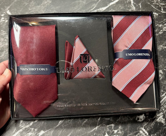 Burgundy Striped Men's Tie & Hanky Set (2 Options)