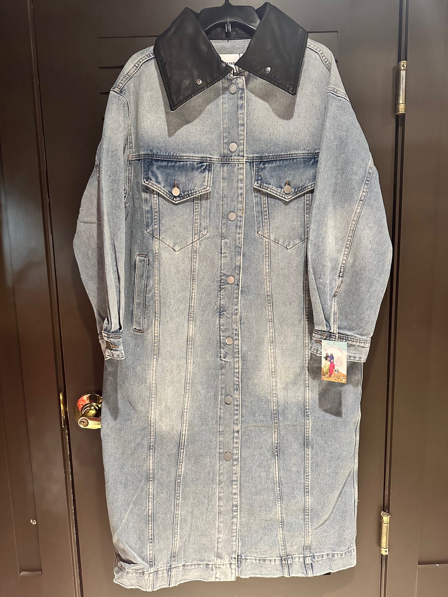 Denim Dress W/ Faux Leather Collar