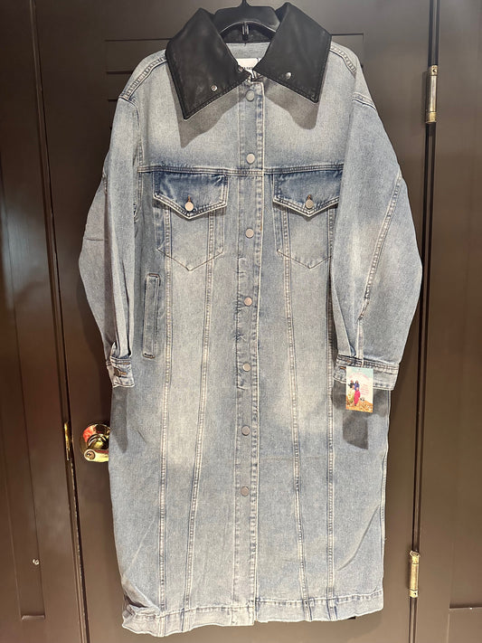 Denim Dress W/ Faux Leather Collar