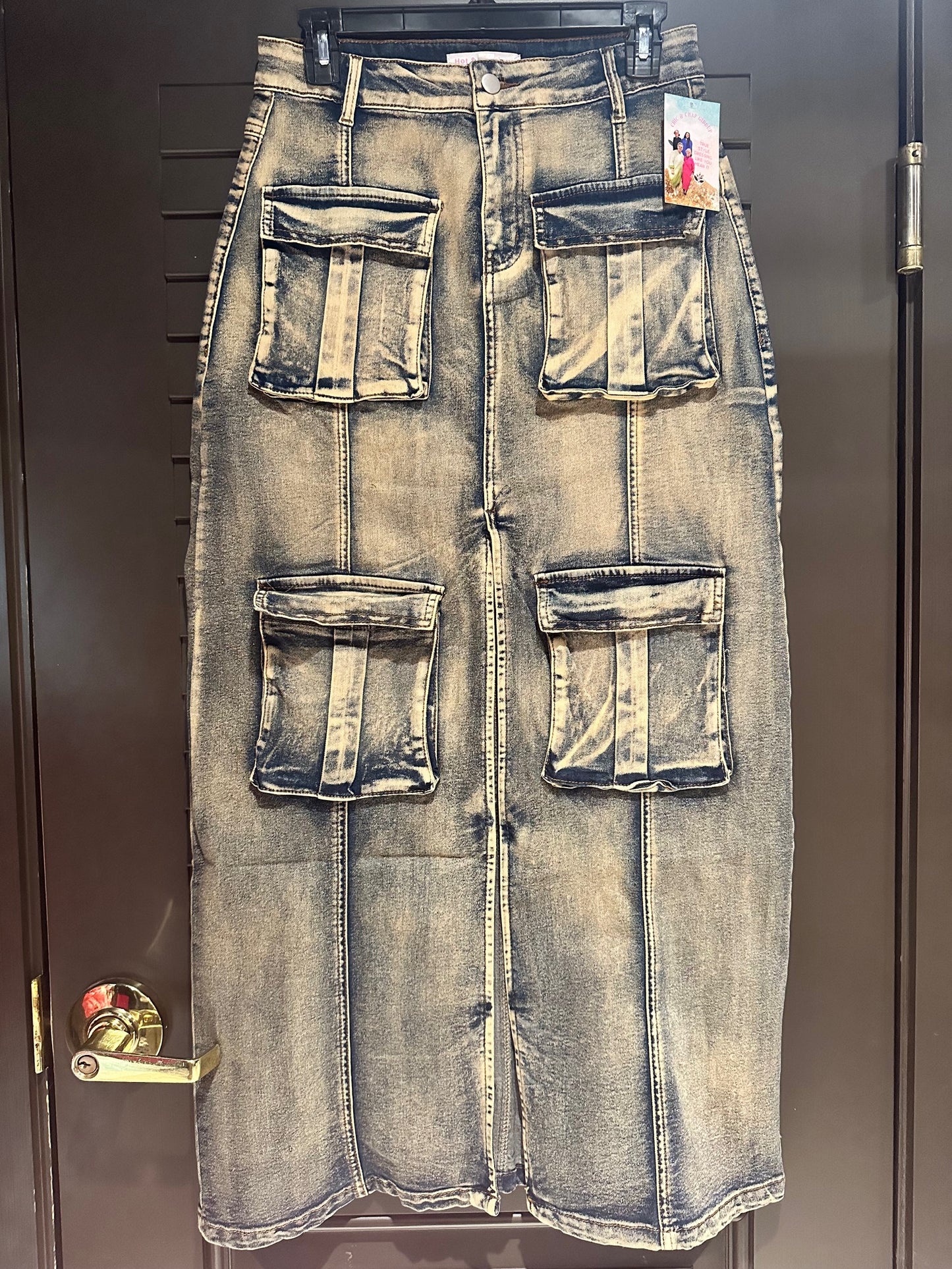 Frosted Large Pockets Maxi Denim Skirt
