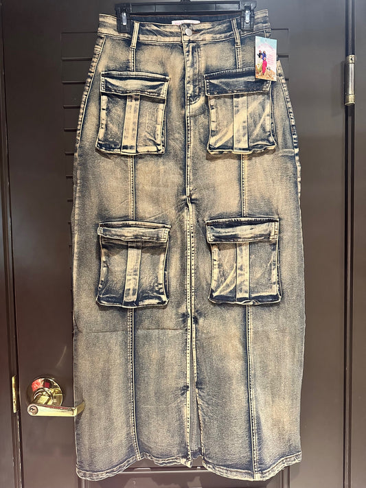 Frosted Large Pockets Maxi Denim Skirt