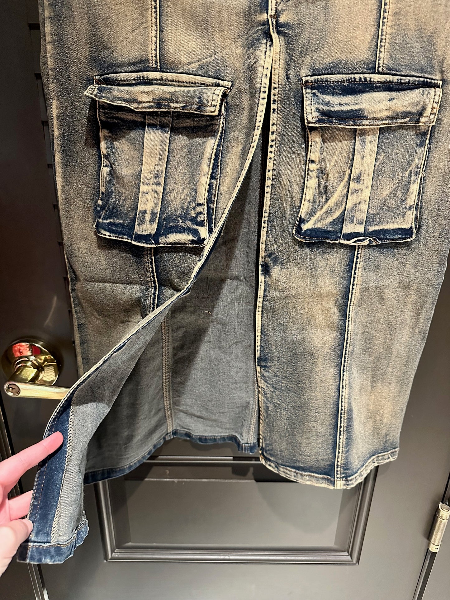 Frosted Large Pockets Maxi Denim Skirt