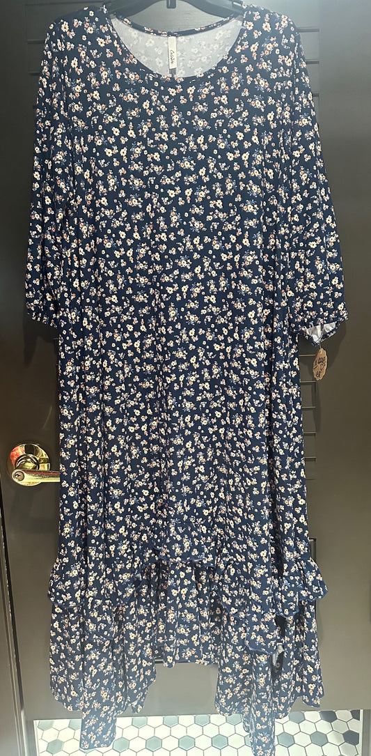 Floral Print Navy Blue Ruffley Dress