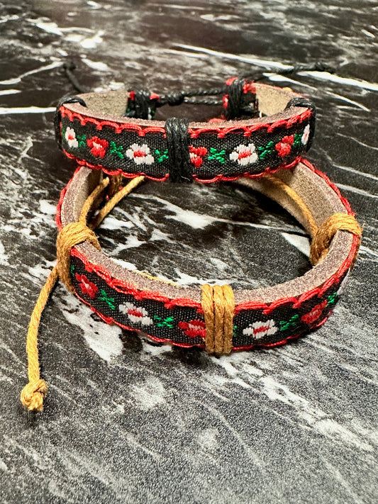 Floral Red Stitching Leather Bracelets
