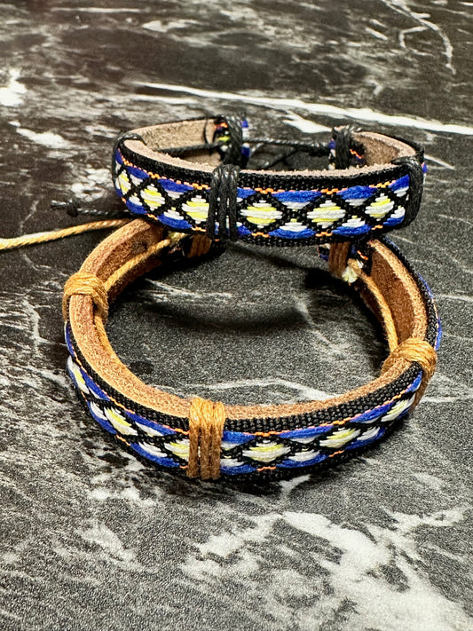 Blue Geometric Patterned Leather Bracelet