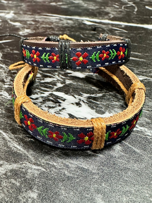 Navy Blue Floral Leather Bracelets