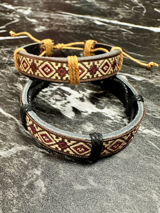 Brown Geometric Patterned Leather Bracelets