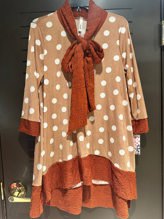 Rust Polka Dot Bow Front Tie Top/Tunic