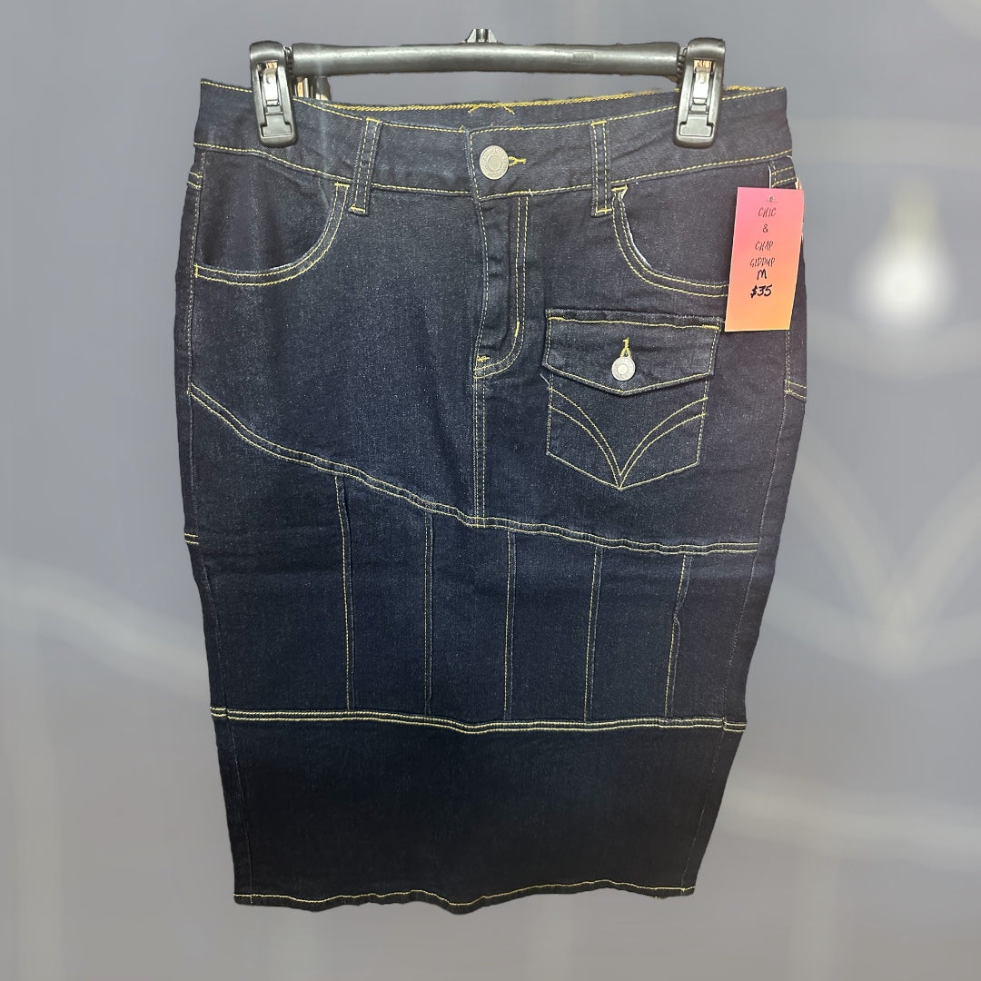 Front Pocket Denim Block Squares Skirt