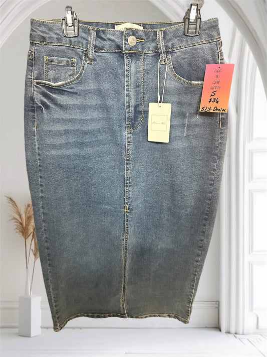 Front Slit Midi Denim Skirt