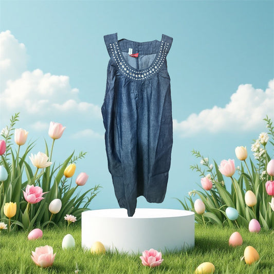 Short Denim Dress with Neck Embellishments