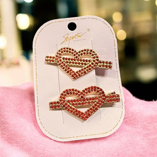 Red & Gold Heart Rhinestone Hair Clips