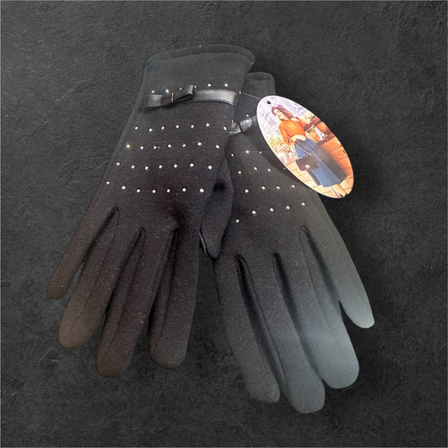 Black Rhinestone Gloves W/ Bow Detail