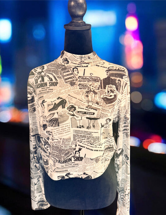 Newspaper Black & White Crop Top Turtleneck