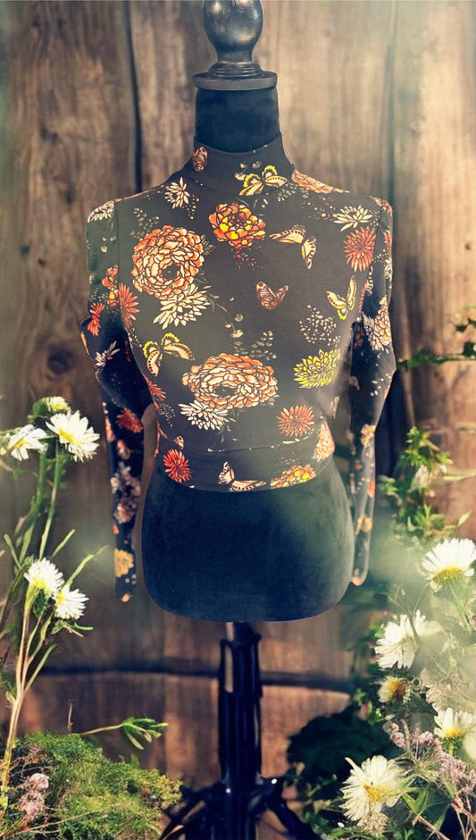 Floral & Butterfly Crop Top Turtleneck