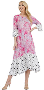 TIE DYE POLKA MID-DRESS WITH CONTRASTING SLEEVES  PINK IVORY POLKA  S-M-L-XL(1-2-2-1)