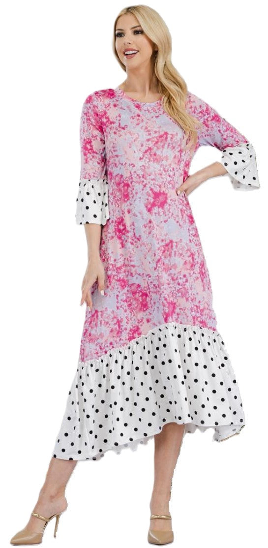 TIE DYE POLKA MID-DRESS WITH CONTRASTING SLEEVES  PINK IVORY POLKA  S-M-L-XL(1-2-2-1)