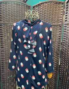Navy Blouse With Coral & White Circles