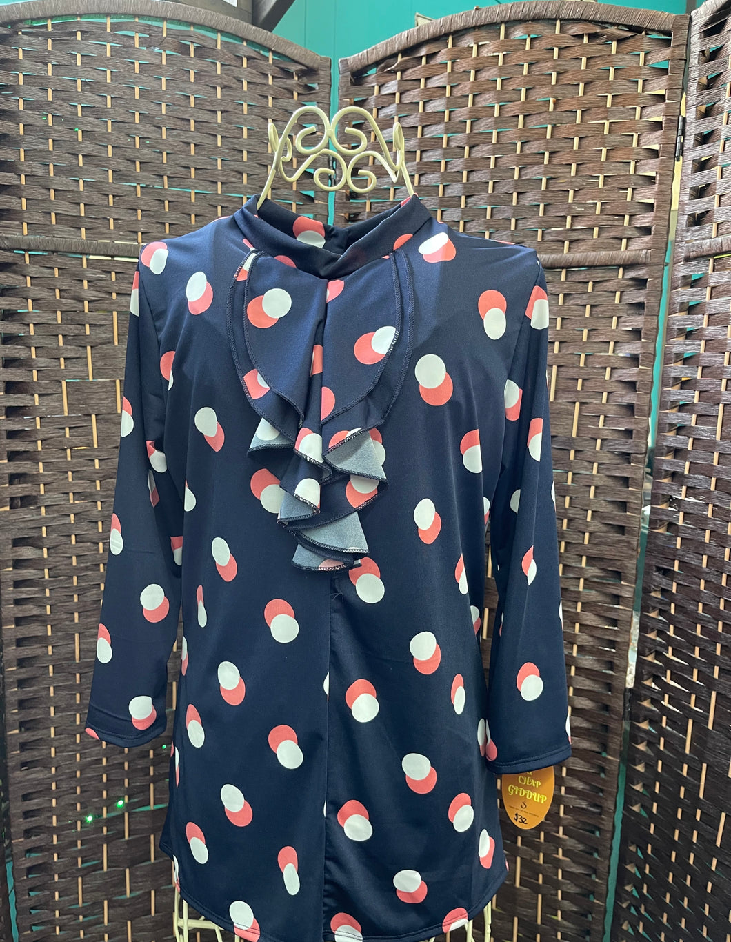 Navy Blouse With Coral & White Circles