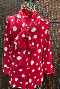 Red & White Dot Tie Front Blouse