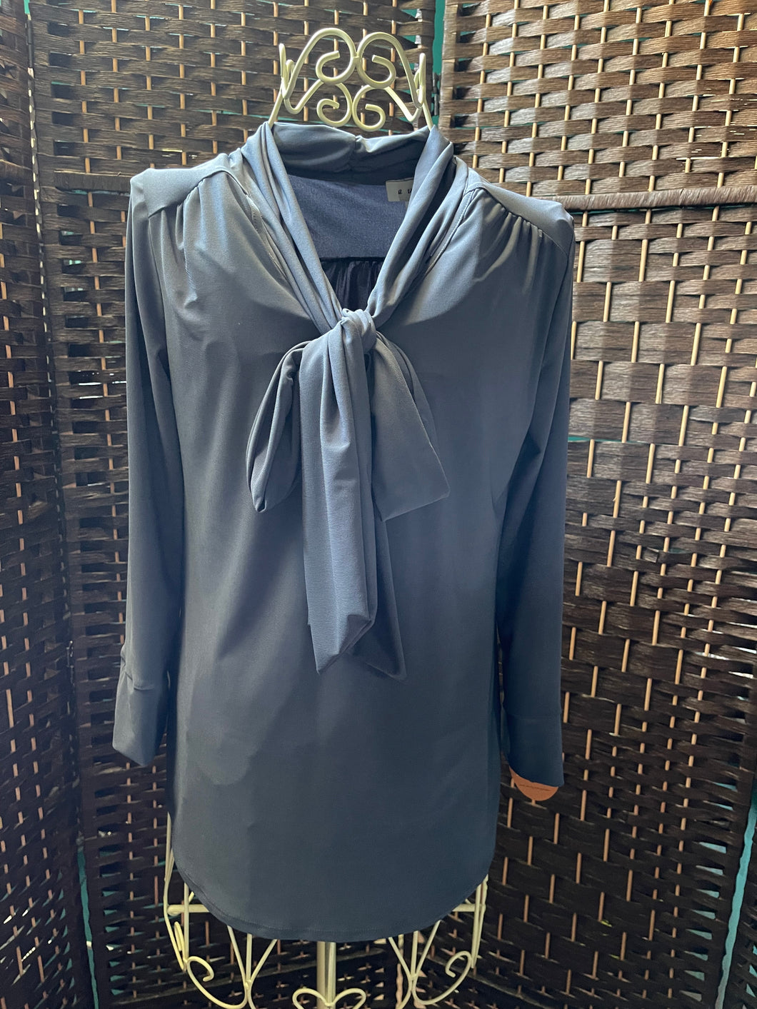 Gray Bow Tie Front Blouse