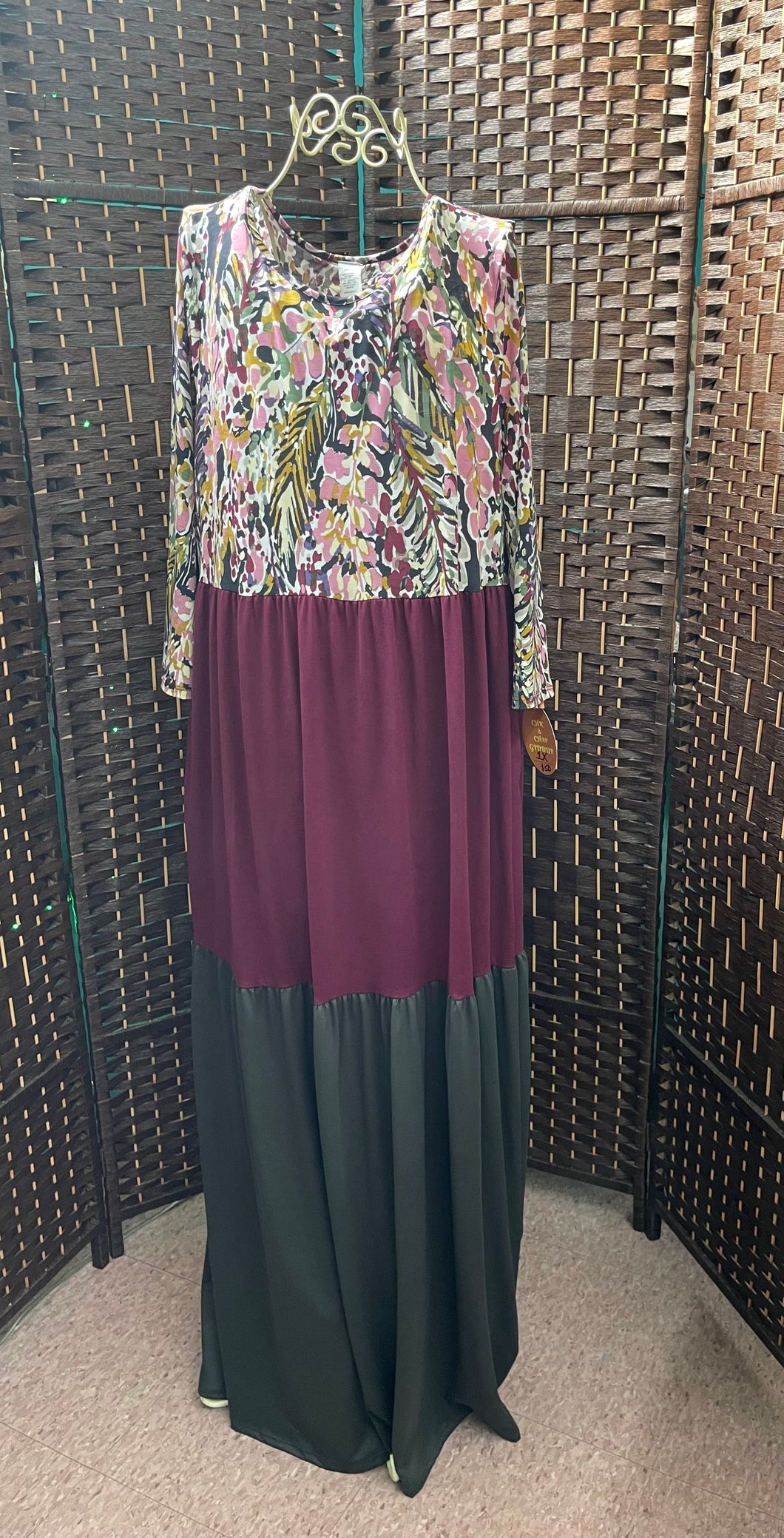 Burgundy & Charcoal Gray Wide Stripe Floral Maxi Dress
