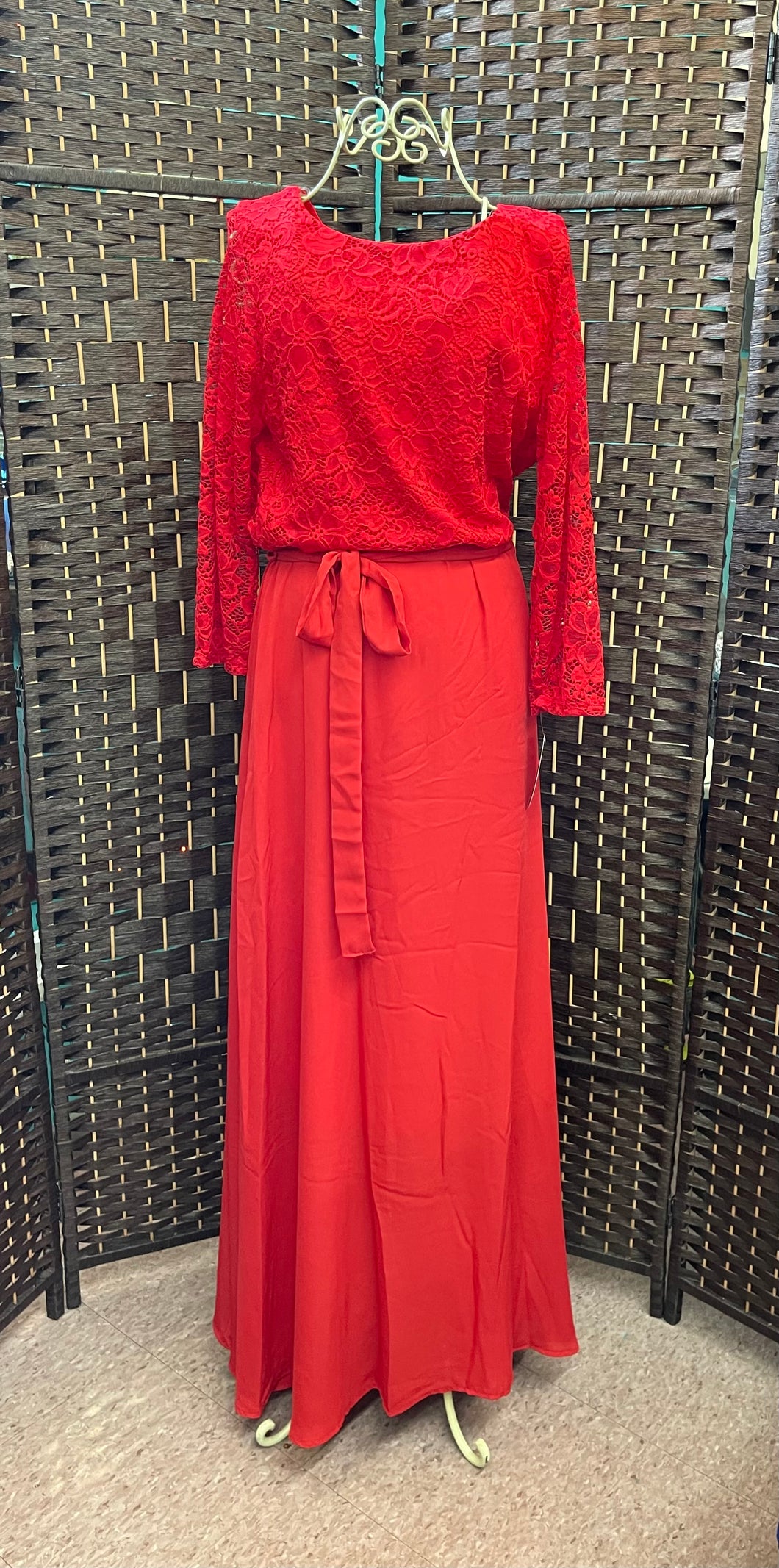 Red Floral Lace & Solid Belted Dress