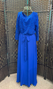 Royal Blue Lace Floral & Solid Belted Dress