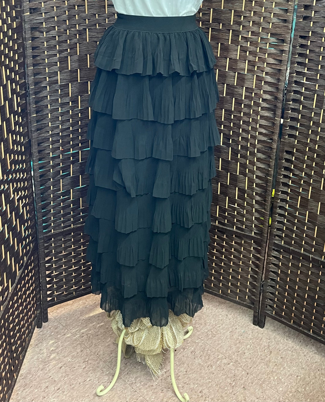 Black Accordion Pleated Tiered Skirt