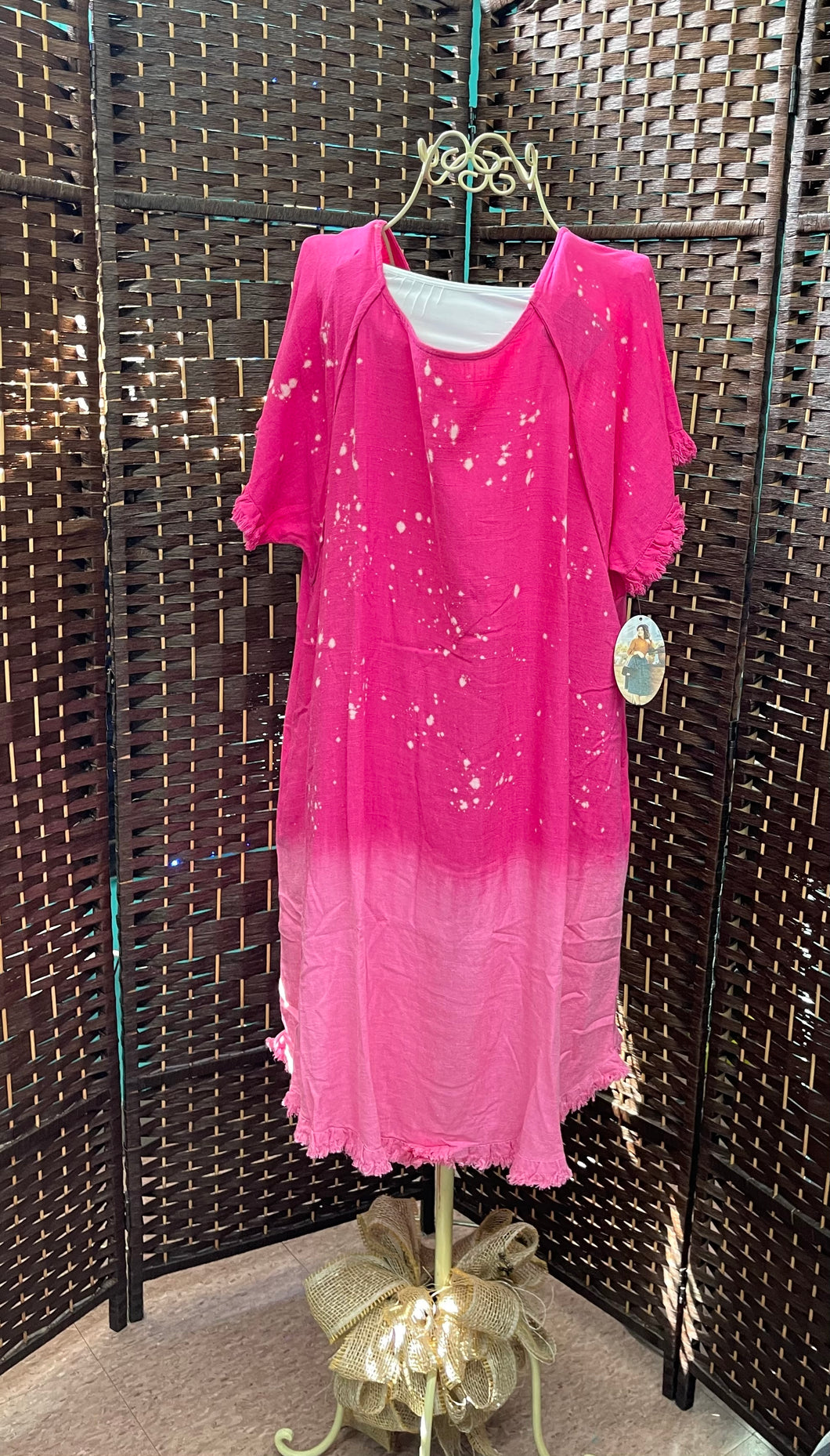 Two- Toned Pink Shades Bleached Designed Fringed Dress