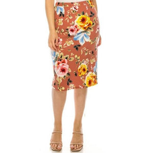 Salmon & Gold Floral Pencil Skirt