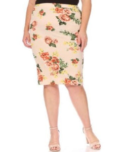 Light Nude Pencil Skirt  W/ Deep Salmon &Yellow Floral Pencil Skirt